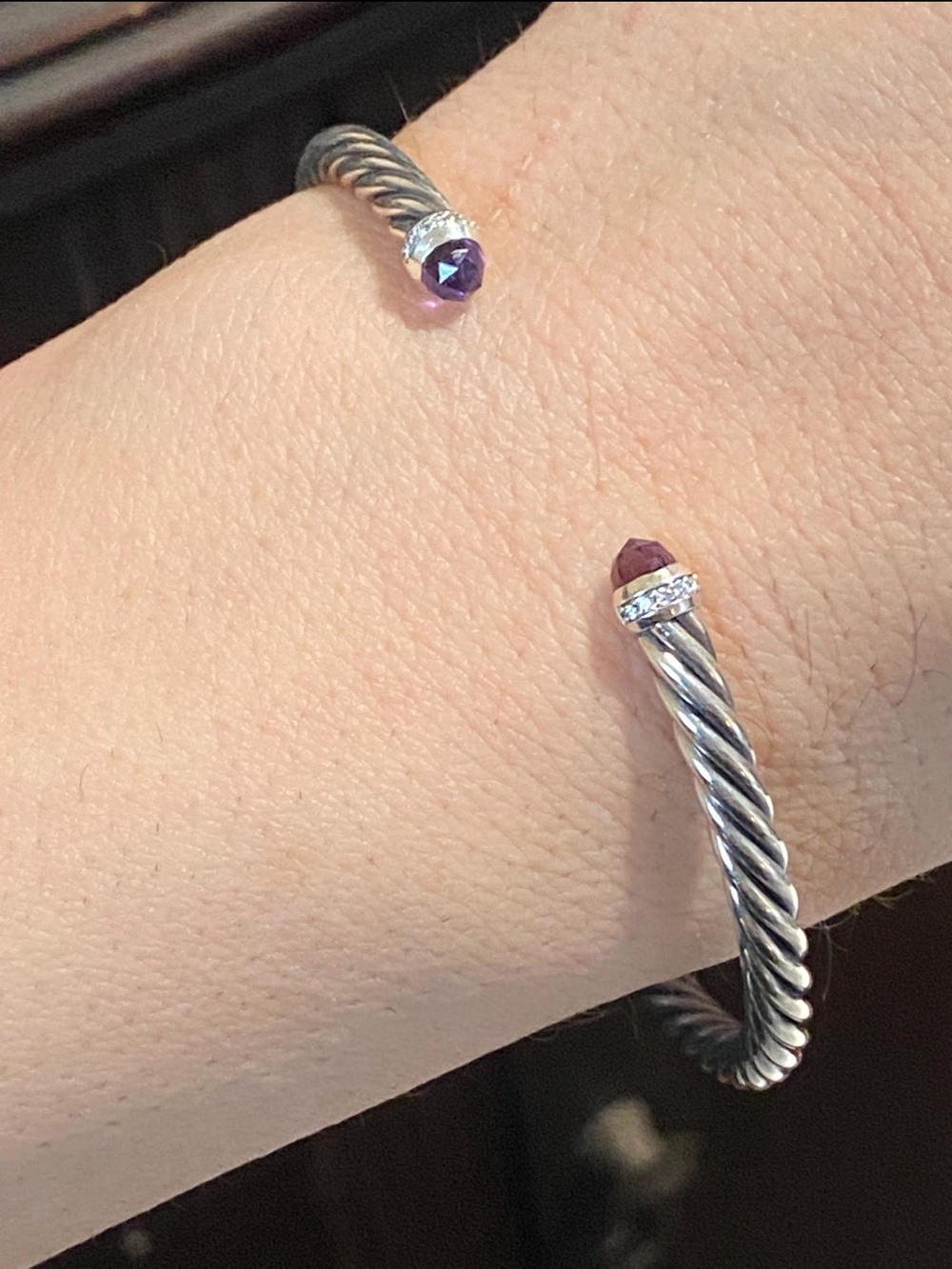 David Yurman Twisted Cable Open Cuff with Amethyst and Diamond.